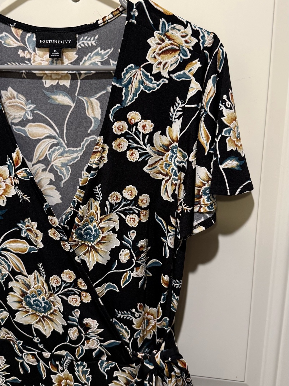 FORTUNE + IVY-Faux Wrap Maxi Dress - Black with Cream & Blue Floral - Picture 4 of 7